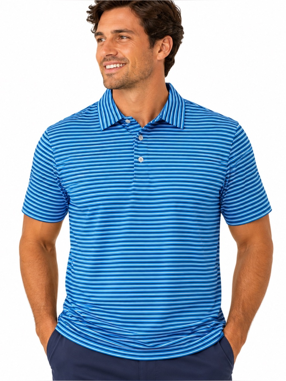 MEMBER’S MARK Men’s Performance Polo Blue Striped Moisture Wicking UPF 50 M